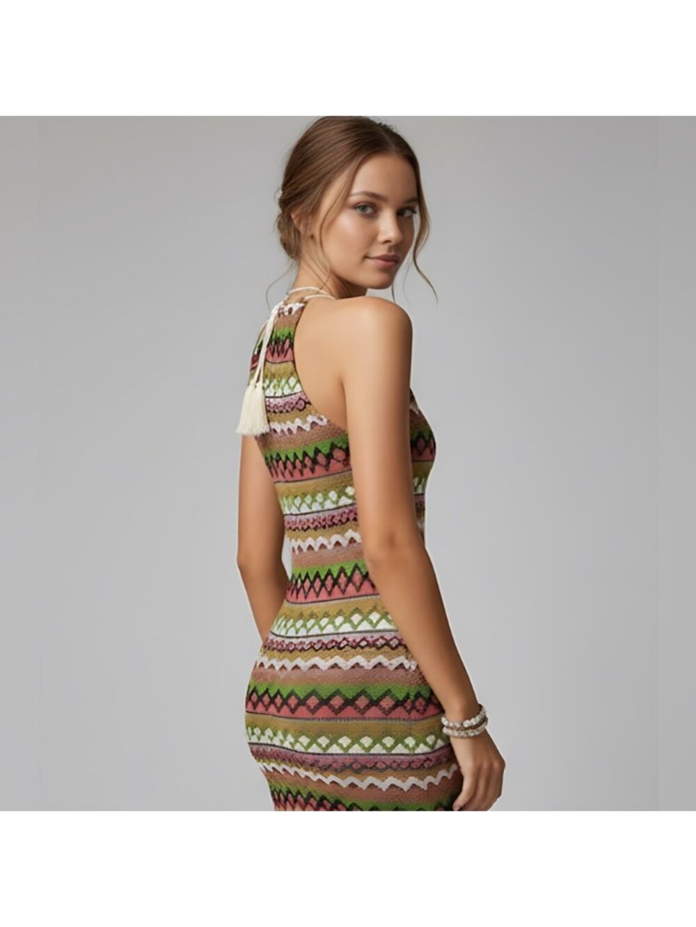 Green Boho Halter Chevron Print Fringe Hem Dress - Picture 4 of 7